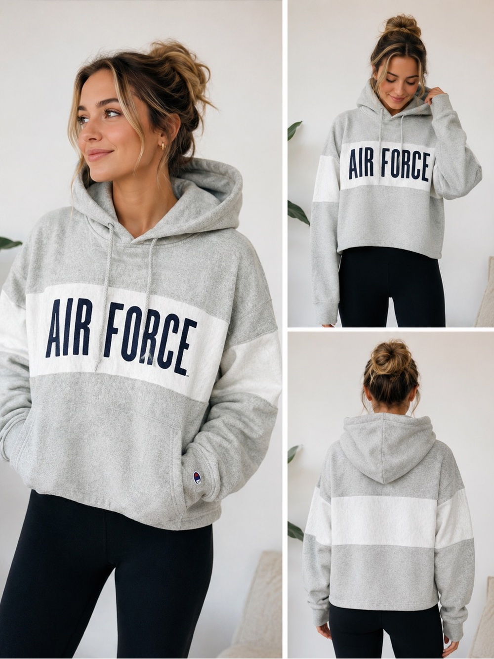 AIR FORCE Colorblock Champion Hooded Pullover Sweatshirt - Gray/White